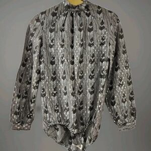 Vintage 70s Feather Print Bodysuit Blouse – Metallic Puff Sleeve Disco Glam